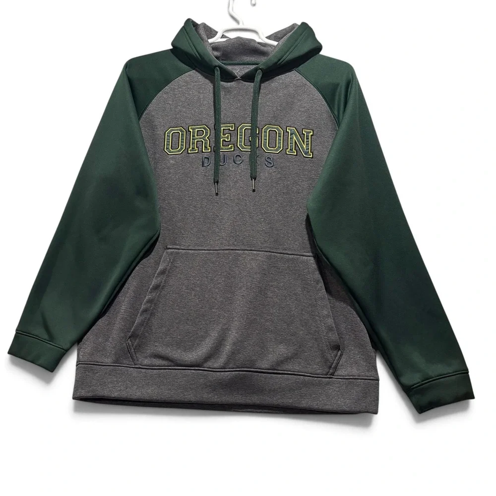 Oregon Ducks Mens Raglan Hoodie Green Charcoal Heather Fleece Pullover Apx XL